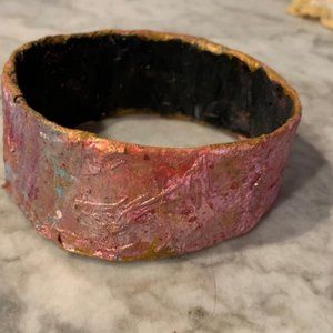 Paper Mache Faux Raku Cuff Bracelet Pink Sparkly